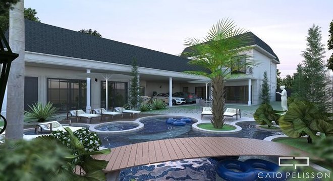 Casas com piscinas e ponte de madeira