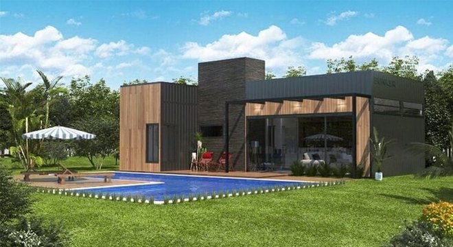 Casas com piscinas em L feitas de pastilha azul
