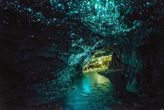  Cavernas Glow Worm (Nova Zelândia) - Parecem mágicas. Elas têm um magnífico teto aparentemente estrelado, como se fosse a Via Láctea. Mas o efeito é causado por insetos que acendem a cauda para atrair presas. O lugar tambpem tem uma coleção impressionante de estalactites e estalagmites. 