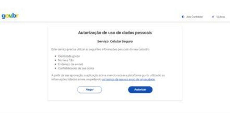 3. Aceite o termo de usoO aplicativo pede que sejam utilizadas informações do cadastro no gov.com, como identidade, nome e foto, endereço de email e confiabilidades da conta. O usuário deverá ler e aceitar os termos de uso para prosseguir com o cadastro do aparelho