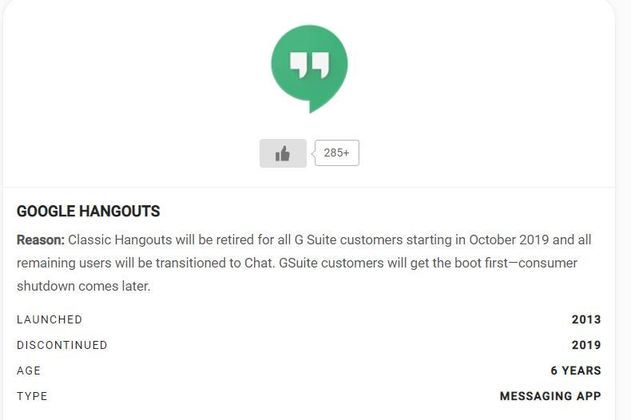 O Hangouts, aplicativo de reuniões e troca de mensagens, é um dos últimos a sair do ar, em dezembro de 2020, após quase sete anos em funcionamento. A maior parte das suas funções foi incorporada ao Google Chat.