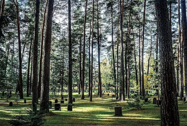 Cemitério Kogskyrkogarde (Suécia): Inaugurado em 1920, esse cemitério foi projetado por uma dupla de arquitetos que buscaram incluir elementos para amenizar o luto de quem por lá passasse, como um bosque para meditação.