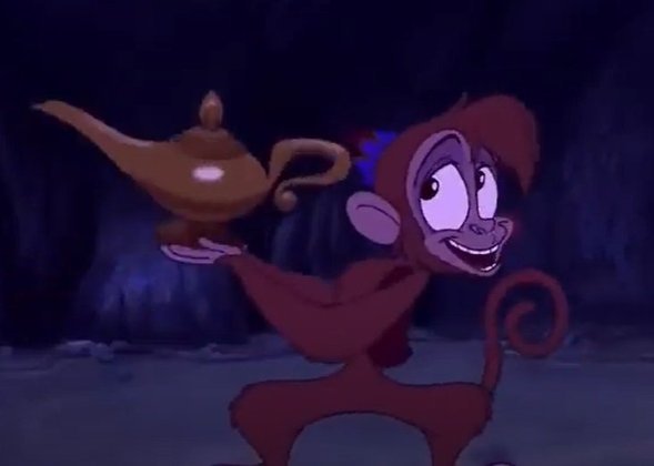 Cena importante número 10: Aladdin tenta escapar da caverna, mas é enganado por Jafar, que só pega a lâmpada e deixa Aladdin para morrer. Jafar não percebe que Abu recuperou a lâmpada antes da caverna se fechar