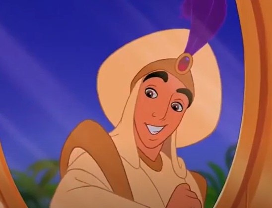 Cena importante número 12: já livre, Aladdin resolve que usar seu primeiro desejo para virar um príncipe, para tentar conquistar a princesa Jasmine.