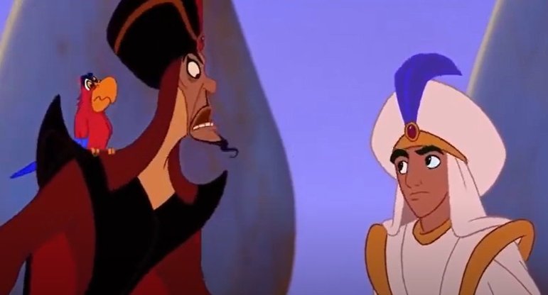 Cena importante número 13:  Aladdin chega em Agrabah como príncipe ali, e tenta conquistar a princesa sem contar para ela que é Aladdin, mas encontra resistência.