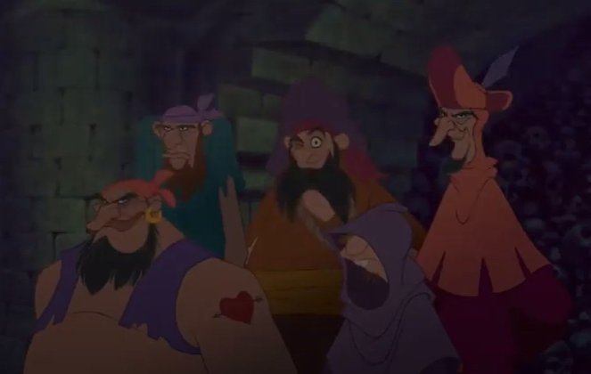 Cena importante número 14: Quasimodo e Febo vão para a corte de milagres seguindo o mapa dado por esmeralda para avisar os ciganos, porém são seguidos pelos guardas de Frollo, que capturam todos os ciganos.