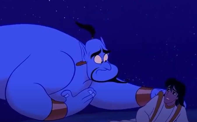 Cena importante número 15: Jafar captura Aladdin e o joga no mar para morrer. O gênio salva Aladdin, considerando que seria o segundo desejo do personagem principal.