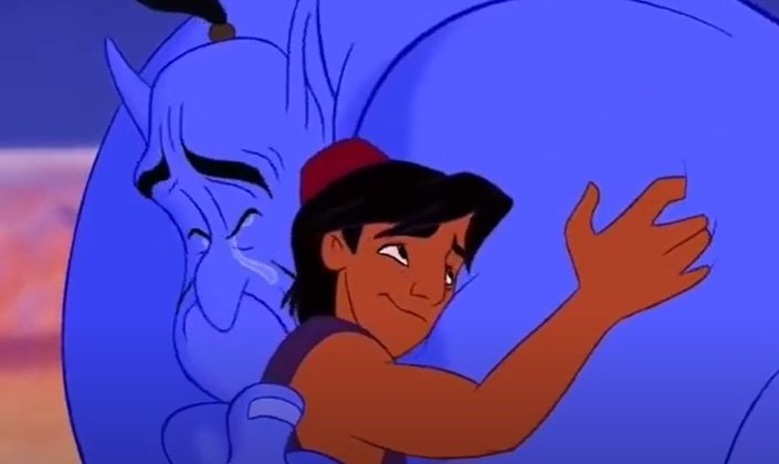 Cena importante número 20: Aladdin usa seu último desejo para libertar o gênio. Aladdin e Jasmine ficam juntos.