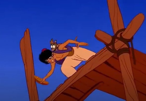 Cena importante número 3: Aladdin é um rapaz que mora nas ruas de Agrabah, de coração bom e sempre acompanhado de seu macaco Abu. Ele sonha ser alguém na vida, sempre admirando o castelo do sultão