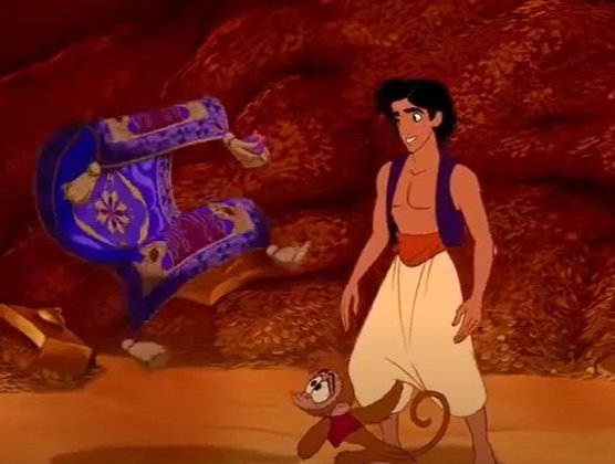 Cena importante número 8: Aladdin e Abu se encantam com os tesouros da caverna. Um tapete mágico os guia até a lâmpada mágica