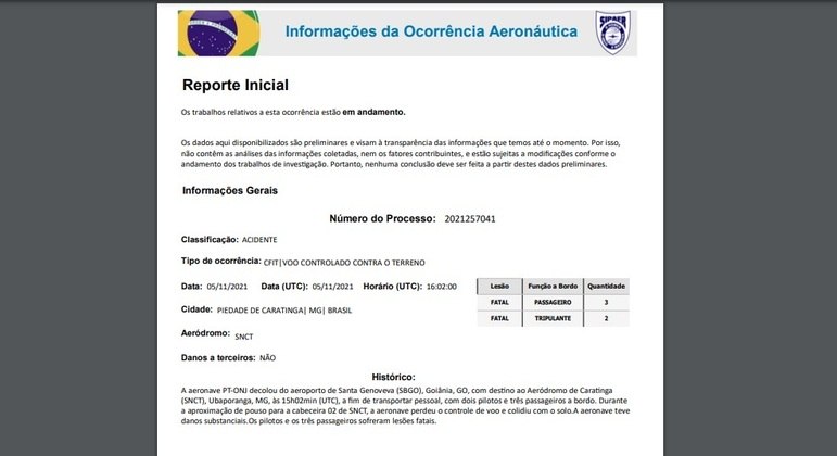Registro do Cenipa sobre o acidente com avião que levava a cantora Marília Mendonça e equipe para Caratinga (MG)