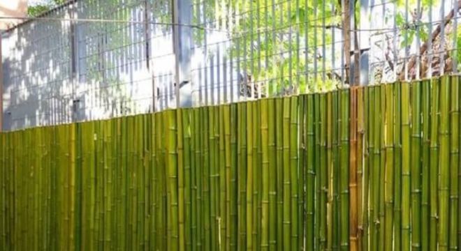 Cerca de bambu fixada em cima de uma base de concreto