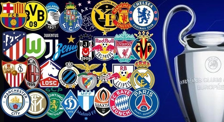 Os distintivos dos 32 clubes das fases de chaves da Champions
