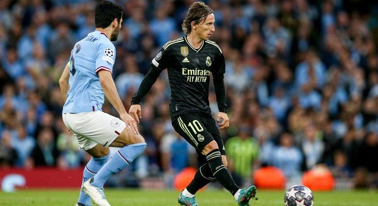 Luka Modric durante a partida em que o Real Madrid foi derrotado pelo Manchester City