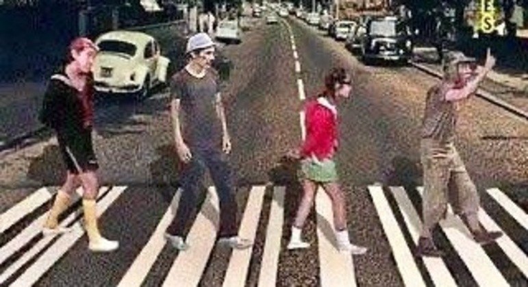 Kiko, Seu Madruga, Chiquinha e Chaves 'atravessando' a Abbey Road, em Londres