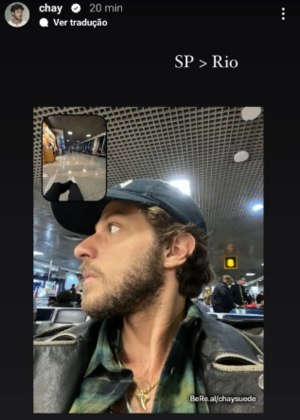 Chay Suede também republicou um registro no Instagram. O ator tirou a foto enquanto estava no aeroporto, indo de São Paulo para o Rio de Janeiro