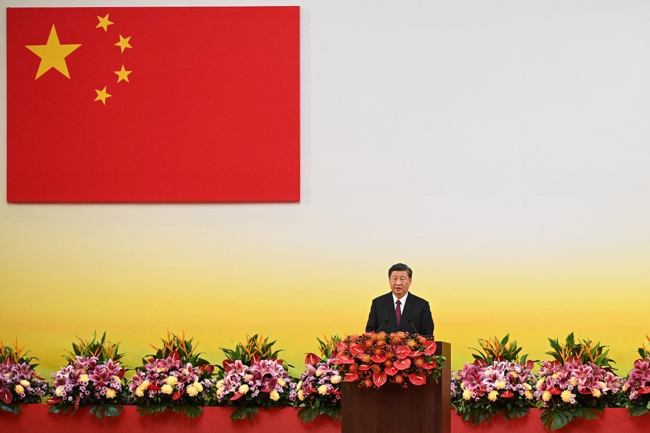 O presidente da China, Xi Jinping, durante um discurso na cidade em Hong Kong