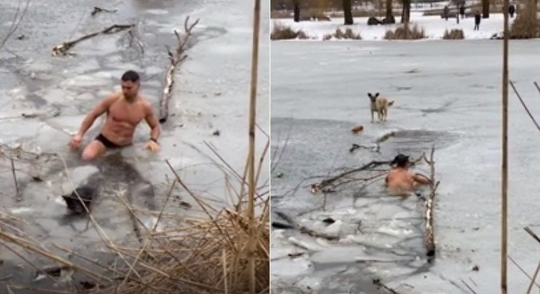 Cidadão seminu mergulhou em rio congelado na Ucrânia para salvar um cãozinho ilhado
