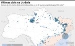 O confronto entre russos e ucranianos continua deixando um grande rastro de destruição e morte. De acordo com dados da ONU (Organização das Nações Unidas), 5.024 civis foram mortos e 6.520 ficaram feridos desde o início da guerra no Leste Europeu, no dia 24 de fevereiro. A maioria das mortes ocorreu nas regiões separatistas de Donetsk e Lugansk, onde 2.951 civis morreram