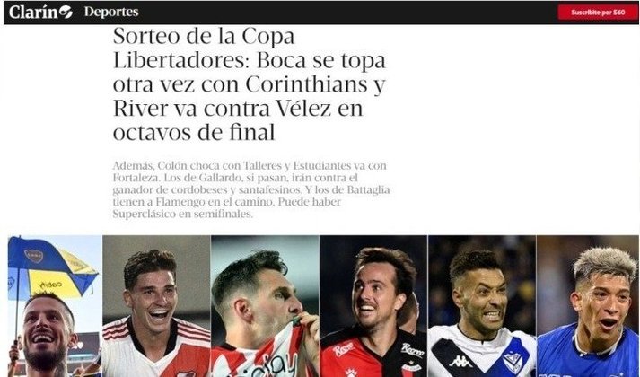 CLARÍN (Argentina) - 'Sorteio da Libertadores: Boca reencontra o Corinthians e River vai contra o Vélez nas oitavas de final'