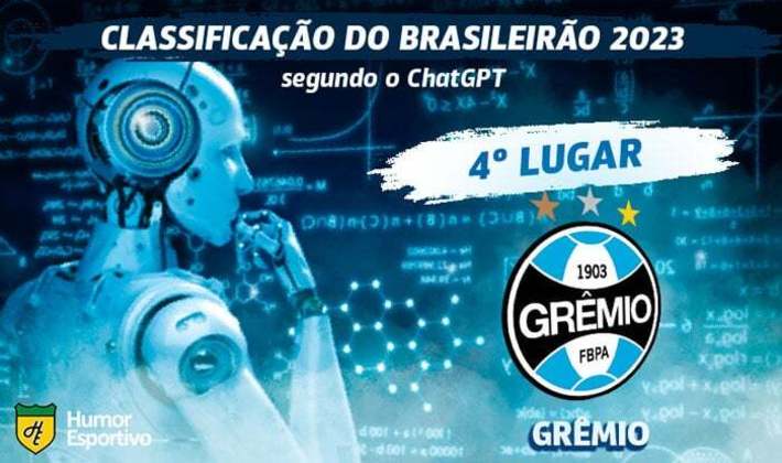 Classificação dos clubes da Série A do Brasileirão segundo o ChatGPT: Grêmio em 4º lugar.