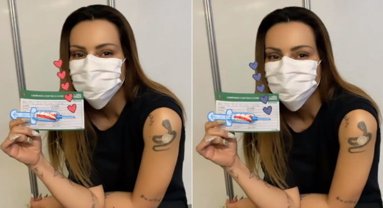 A cantora e atriz Cleo recebeu a primeira dose da vacina contra a covid-19 poucos dias após se casar com o empresário Leandro D'Lucca. Com direito a corações, ela mostrou o cartão de vacinação 