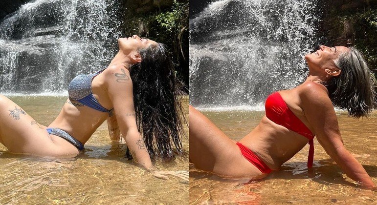 Cleo e Gloria Pires fazendo a mesma pose na cachoeira