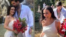 Cleo usa vestido com fenda lateral e ombro único em 'novo casamento' com o marido, Leandro D'Lucca