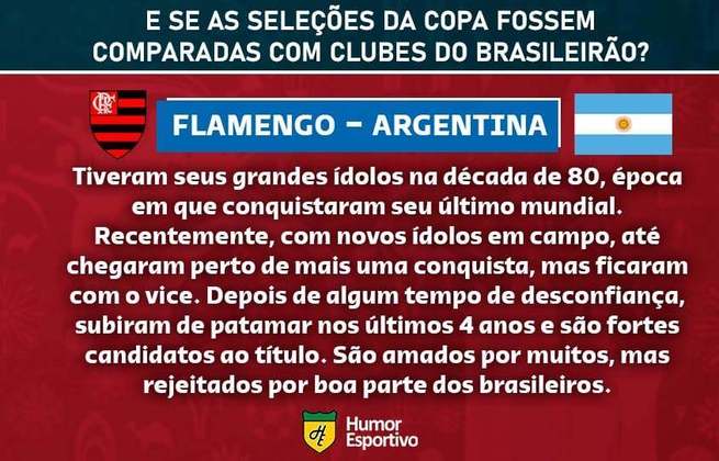 Clubes brasileiros e seleções da Copa do Mundo: o Flamengo seria a Argentina.