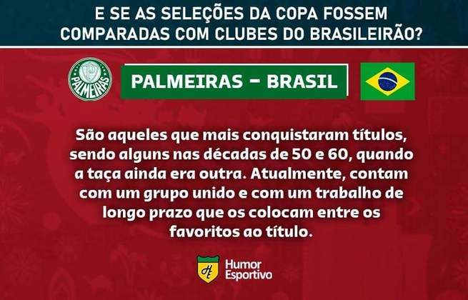 Clubes brasileiros e seleções da Copa do Mundo: o Palmeiras seria o Brasil.