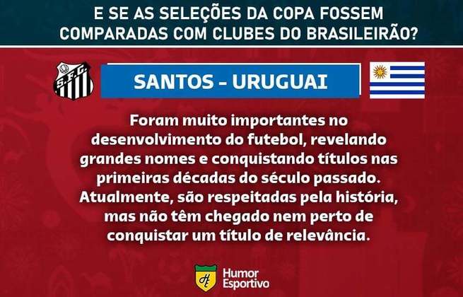 Clubes brasileiros e seleções da Copa do Mundo: o Santos seria o Uruguai.