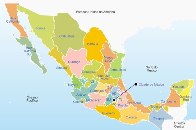 Com 2 milhões de km quadrados, o México é o 5º maior país das Américas e o 14º maior país independente do mundo. É dividido em 31 estados e a Capital México. Fica inteiramente na América do Norte, tendo fronteira com os EUA ano norte; Belize e Guatemala a sudeste.