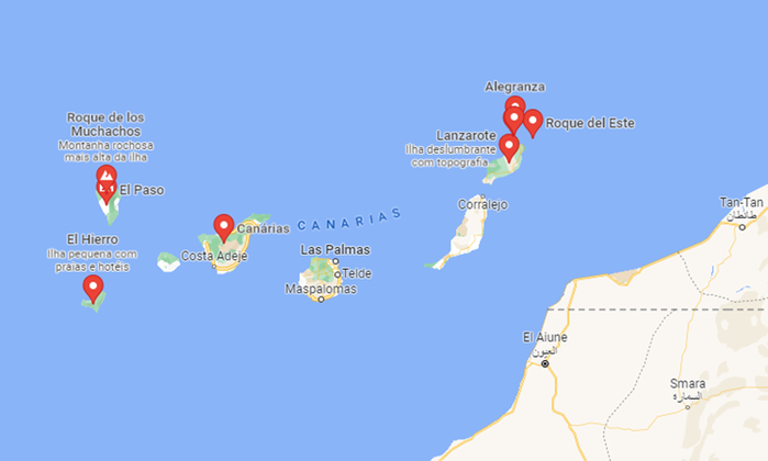 Com 7.447 km² de área, o arquipélago das Canárias fica no Oceano Atlântico, a oeste da costa do Marrocos. 