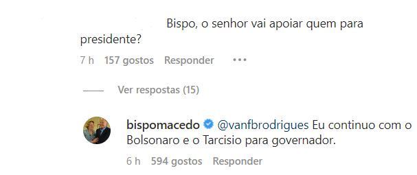 Bispo Edir Macedo diz no Facebook que apoia Bolsonaro