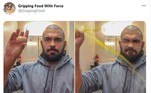 Em todas as fotos, a ideia é sempre a mesma: comidas esmagadas com força por uma mão