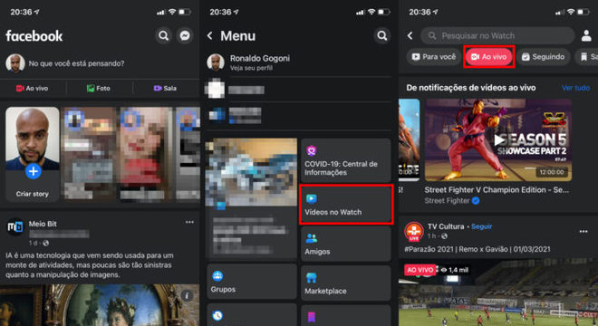 Como acessar os vídeos ao vivo do Facebook Watch no celular (Imagem: Reprodução/Facebook) / Como assistir live no Facebook