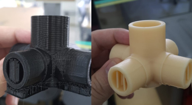 À esquerda a impressão com filamentos, à direita, com resina