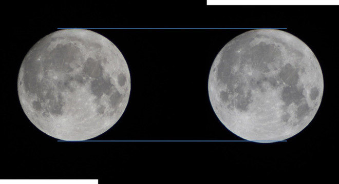 Comparação de tamanho entre a Lua cheia e a superlua 