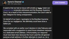 Criador do Telegram se desculpa e pede ao STF que app siga no ar