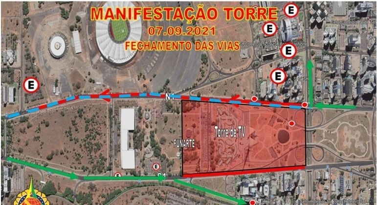 Esquema com fechamento das vias na área central de Brasília
