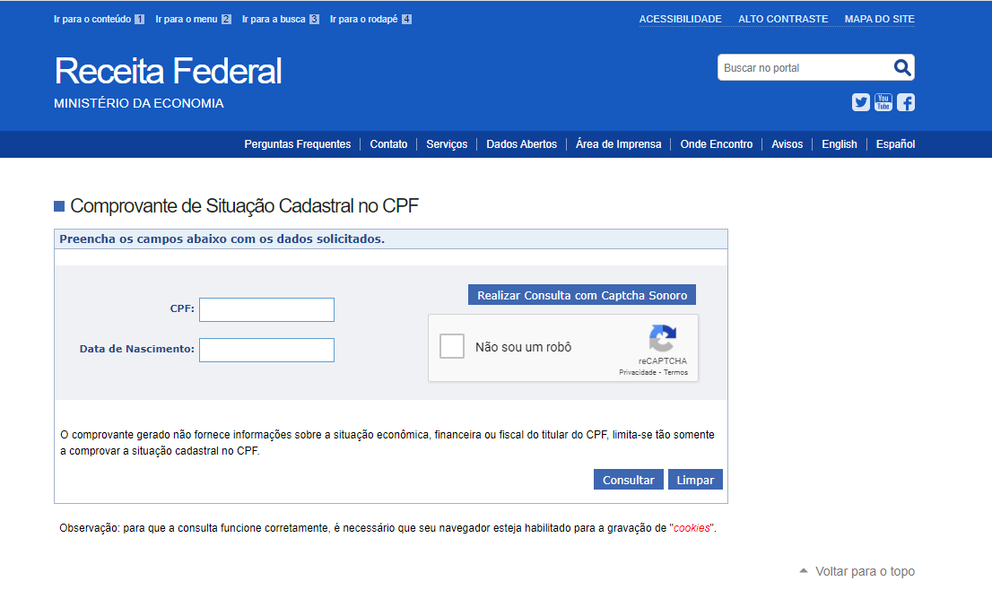 Para consultar a situação do CPF é preciso informar o número do documento e data de nascimento