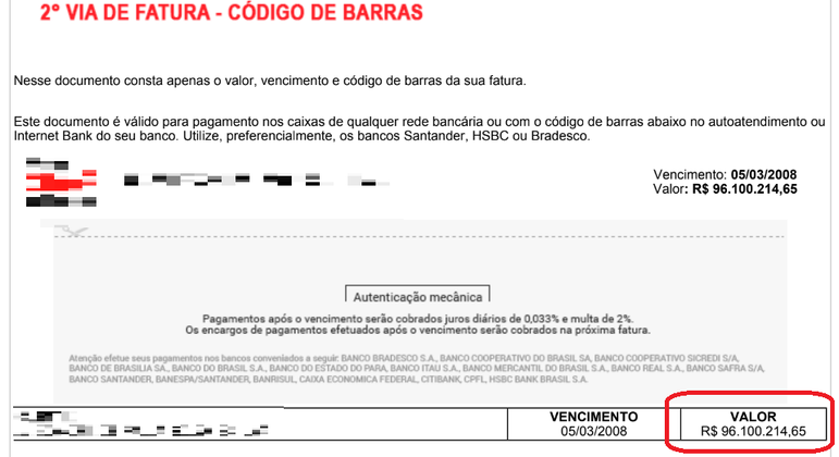 Conta telefônica falsa no valor de R$ 96.1 milhões