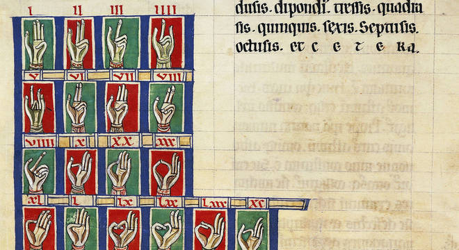 Contar com dedos de 1 a 20.000, de "De numeris". Codex Alcobacense, de Rabanus Maurus (780-856)