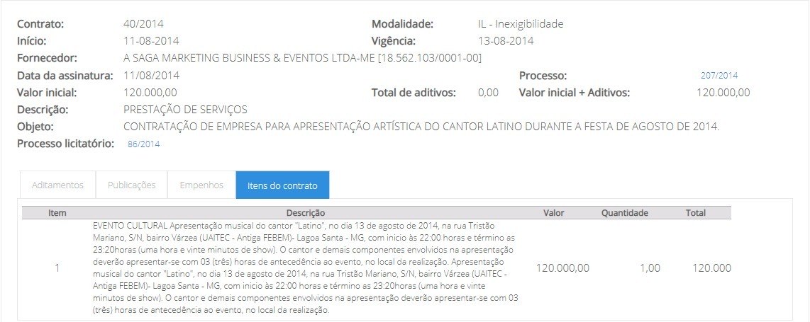 Latino recebeu R$ 120 mil da Prefeitura de Lagoa Santa, em Minas Gerais
