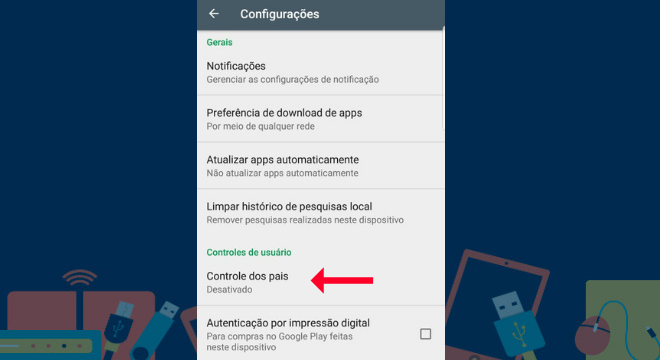 A tela que será aberta terá três subdivisões, na qual a segunda é controle de usuário. Procure pelo item controle dos pais e toque sobre o item Leia também: Conheça os aplicativos para recarga de cartão de transporte