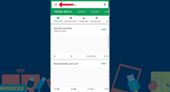 Entre na loja de aplicativo e clique nas três barrinhas no canto esquerdo superior da tela para abrir uma barra lateralLeia também: Aprenda como usar as novas figurinhas do WhatsApp