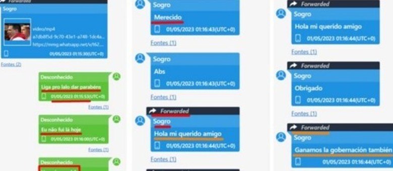 Conversa entre a namorada de Motinha, a blogueira Gabriela Correa, e Tonho da Mota; ela sugere que ele dê parabéns a Lalo Gomes pela eleição a deputado em Amambay; na sequência, ele parece encaminhar uma troca de mensagens entre ele e Lalo (Reprodução)
