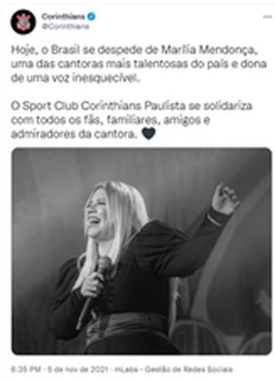 CORINTHIANS: Hoje, o Brasil se despede de Marília Mendonça, uma das cantoras mais talentosas do país e dona de uma voz inesquecível. O Sport Club Corinthians Paulista se solidariza com todos os fãs, familiares, amigos e admiradores da cantora.