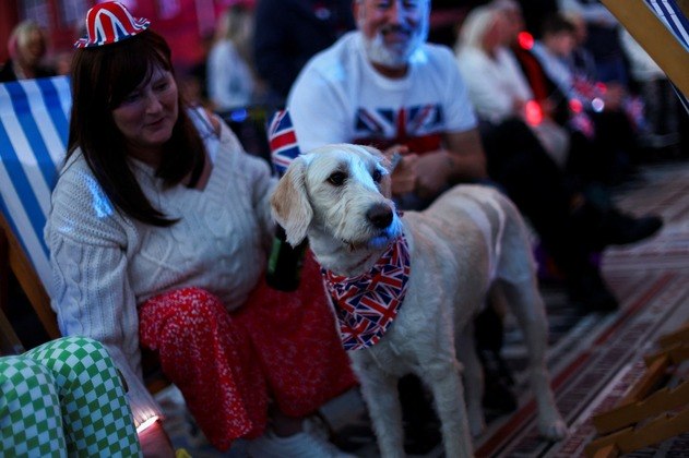 Além de adultos, crianças e adolescentes, o show contou também com a presença de pets, como esse adorável cachorrinho patriota, que exibe uma bandana estampada com a bandeira do Reino Unido. O evento foi realizado ao ar livre, no gramado do Castelo de Windsor