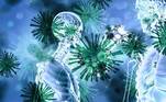 Esquelestos e coronavírus num fundo azul